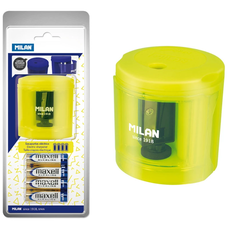 Šiljilo električno MILAN + 4 baterije blister žuto acid P12/36