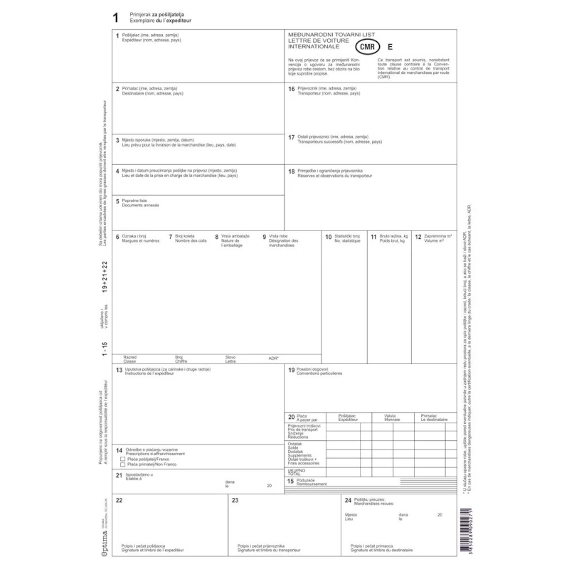 Međunarodni tovarni list EC-XIII-29 CMR OPTIMA P100/600