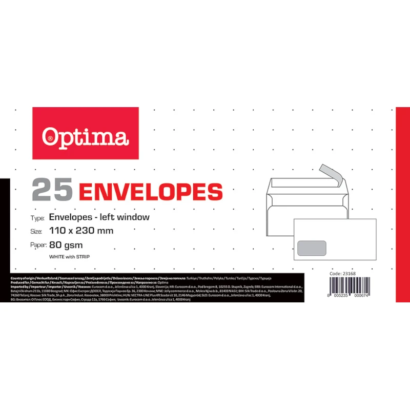 Kuverta 11x23 ABT/PL strip bijela 80gr. OPTIMA OFFICE 23168 25/1 P20