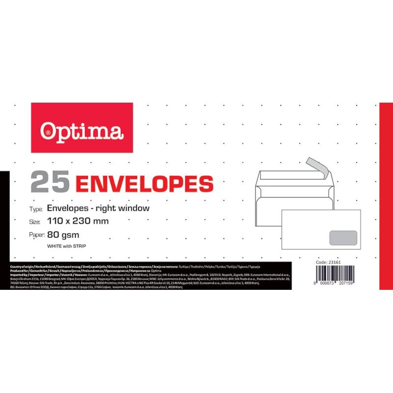 Kuverta 11x23 ABT/PD strip bijela 80gr. OPTIMA OFFICE 23161 25/1 P20