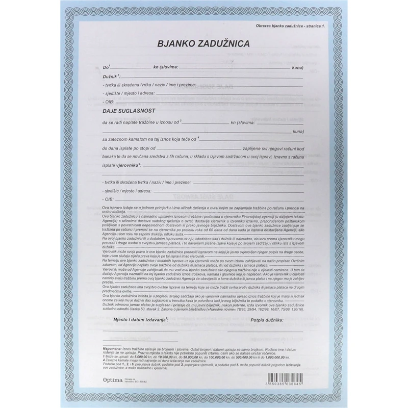 Zadužnica bjanko EC- I-638/BZ-EUR OPTIMA P100/600