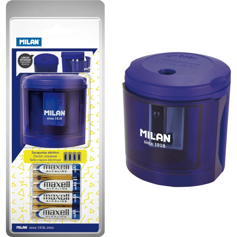 Šiljilo električno MILAN + 4 baterije blister plavo acid P12/36