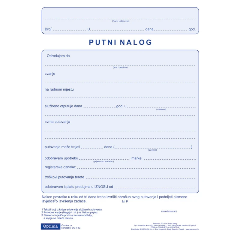Putni nalog EC-II-8C OPTIMA P100/3600
